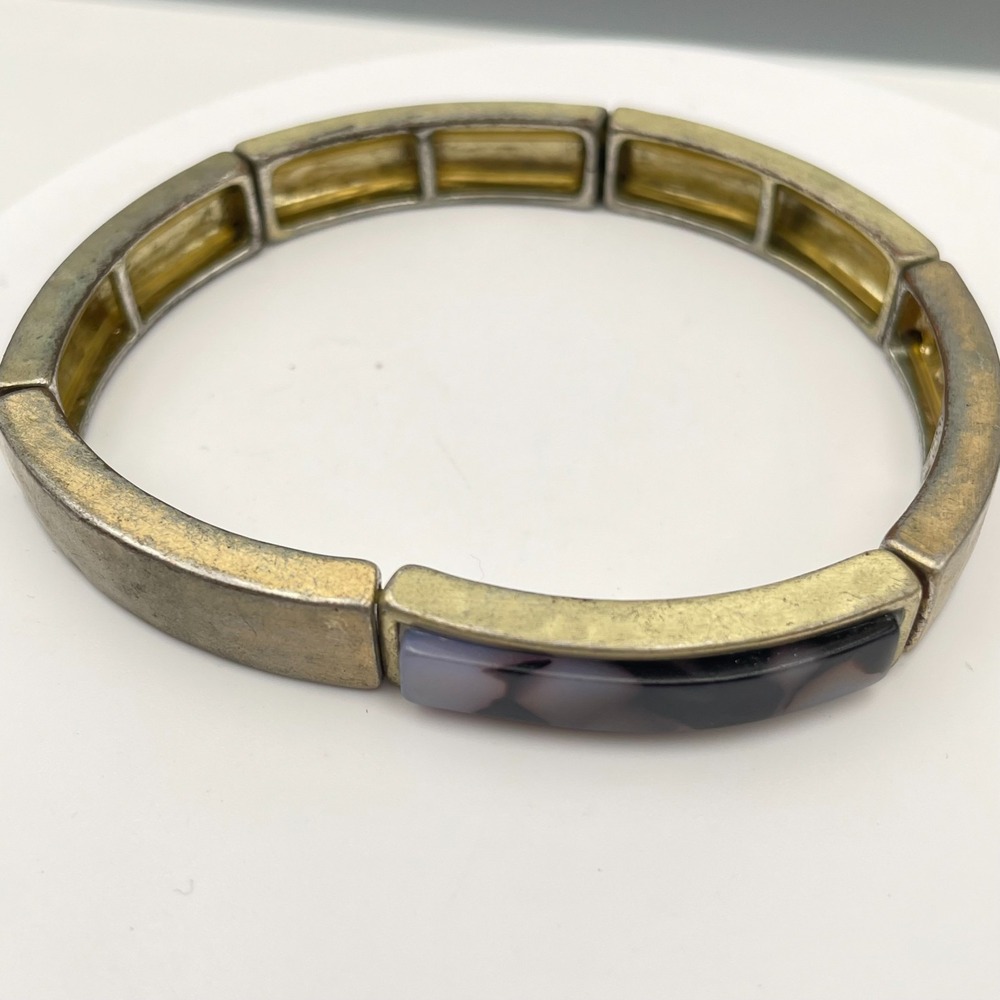 Vintage 90s GoldTone Stretch Bracelet Grey Black Marble Glass Chunky Cuff Bangle